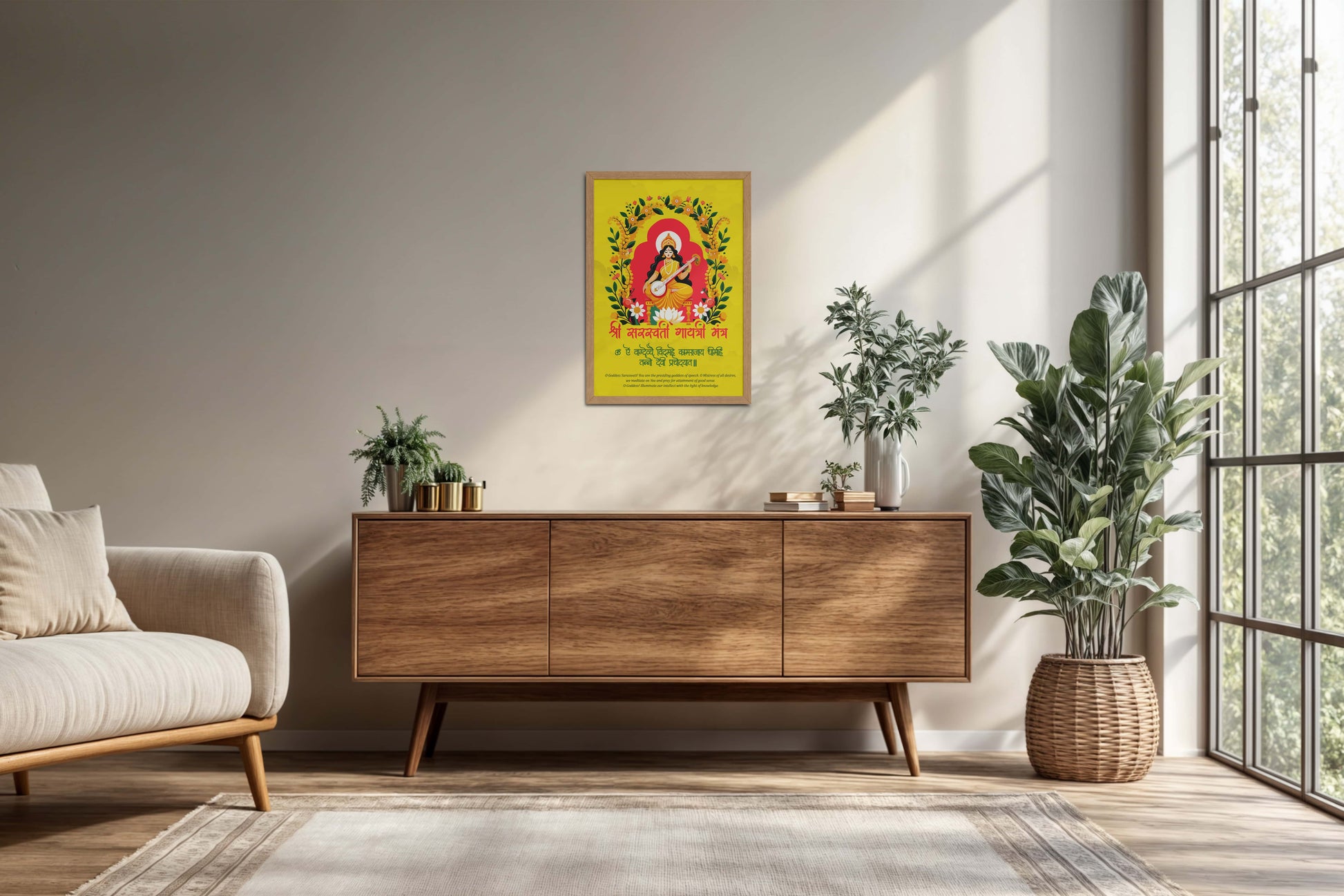 Living Room Cabinet Preview of Divine Wisdom – Shree Saraswati Gayatri Mantra Frame in Natrual Color Frame