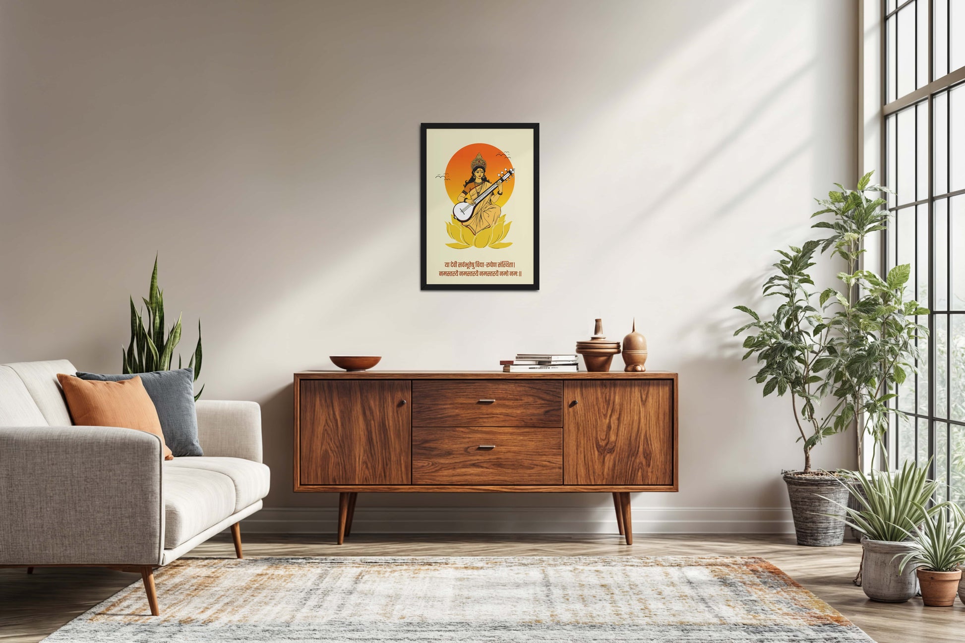 Living Room Sofa Preview of Eternal Knowledge – Goddess Saraswati Mantra Wall Frame in Black Color Frame