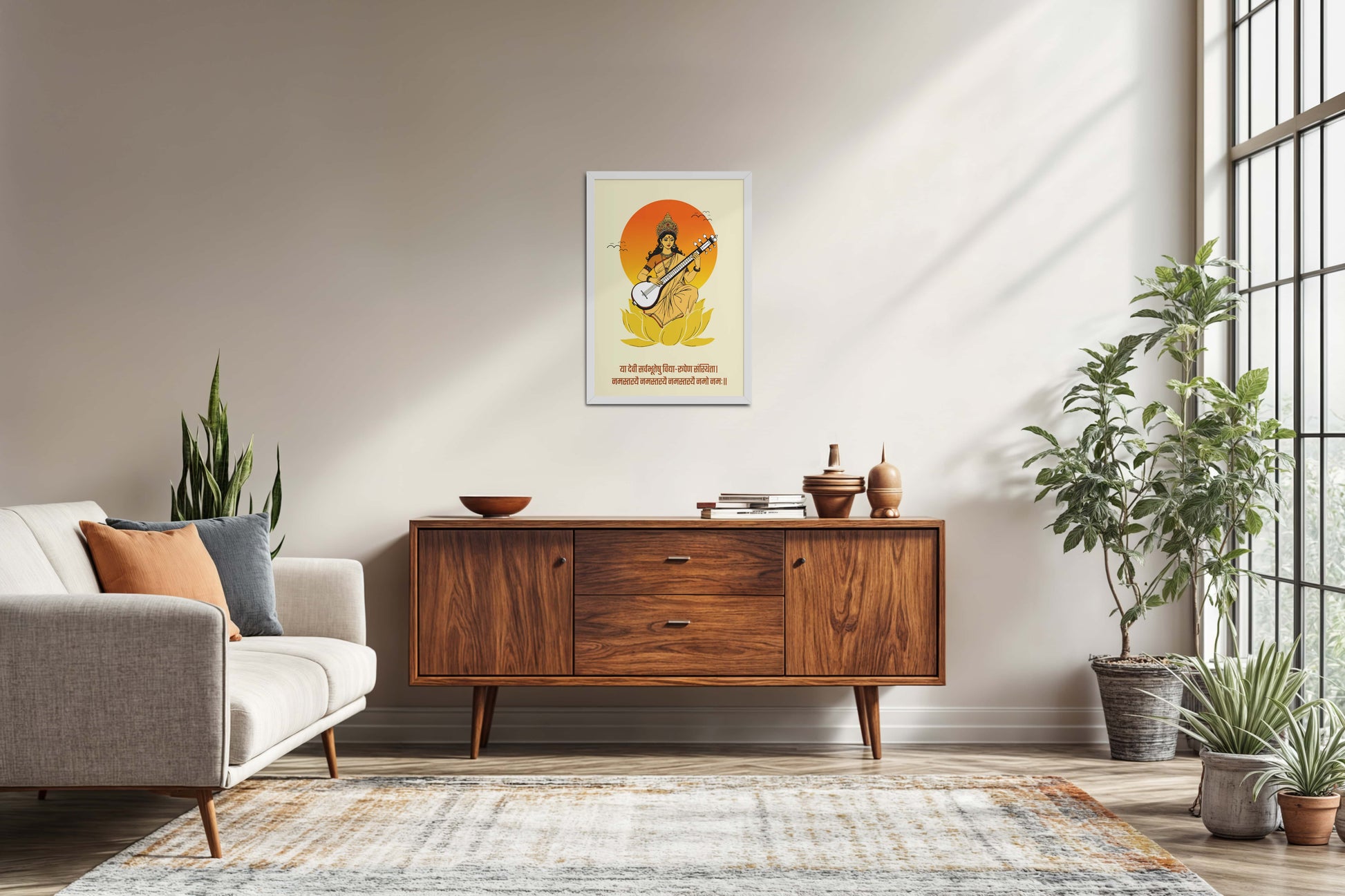 Living Room Sofa Preview of Eternal Knowledge – Goddess Saraswati Mantra Wall Frame in White Color Frame