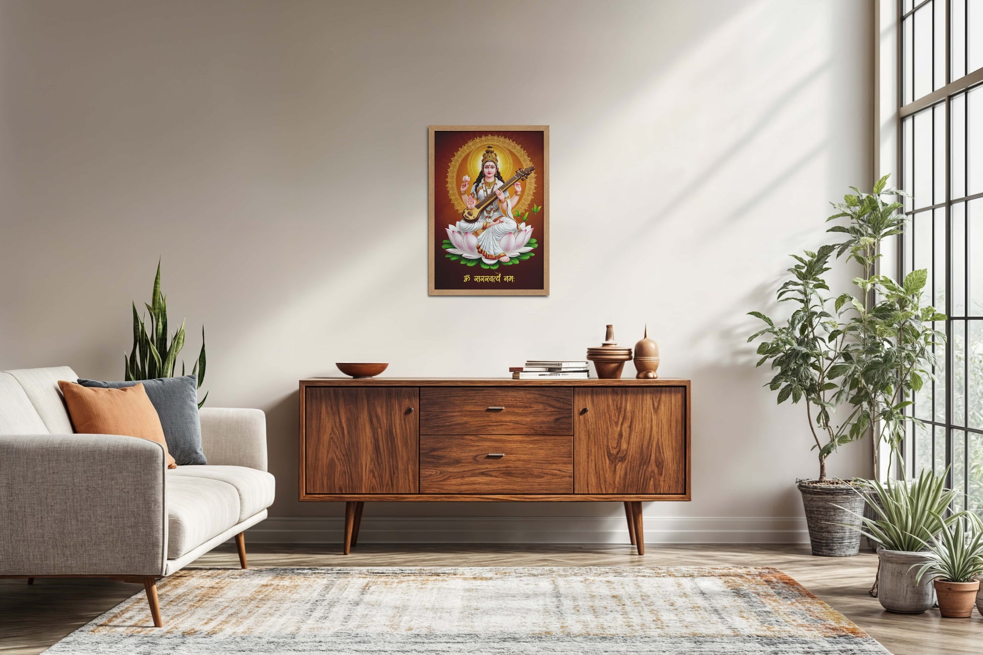 Living Room Sofa Preview of Sacred Chant – Om Saraswatyey Namah Wall Frame in Natrual Color Frame