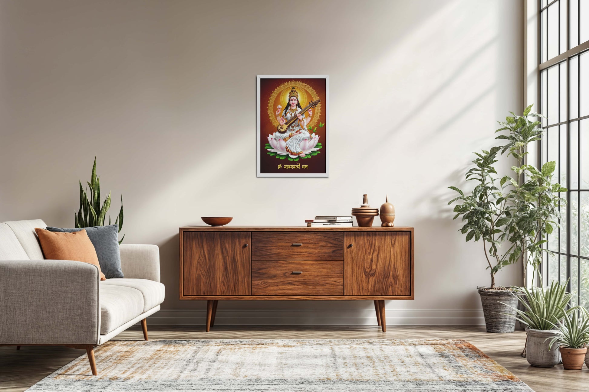 Living Room Sofa Preview of Sacred Chant – Om Saraswatyey Namah Wall Frame in White Color Frame