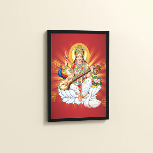 Side View of Goddess Saraswati – Symbol of Music & Knowledge Wall Decor in Black Color Frame