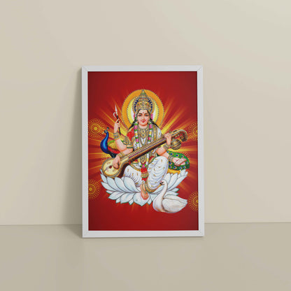 Floor View of Goddess Saraswati – Symbol of Music & Knowledge Wall Decor in White Color Frame