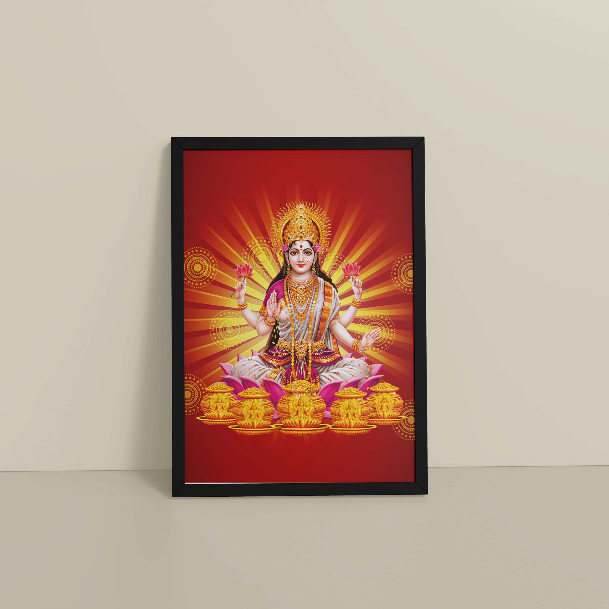 Floor View of Divine Lakshmi – Symbol of Wealth & Prosperity Wall Frame in Black Color Frame