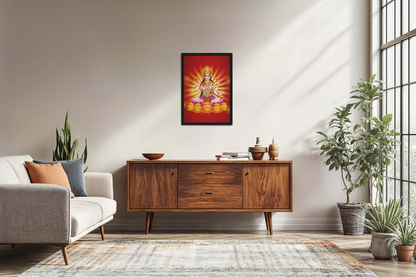 Living Room Sofa Preview of Divine Lakshmi – Symbol of Wealth & Prosperity Wall Frame in Black Color Frame