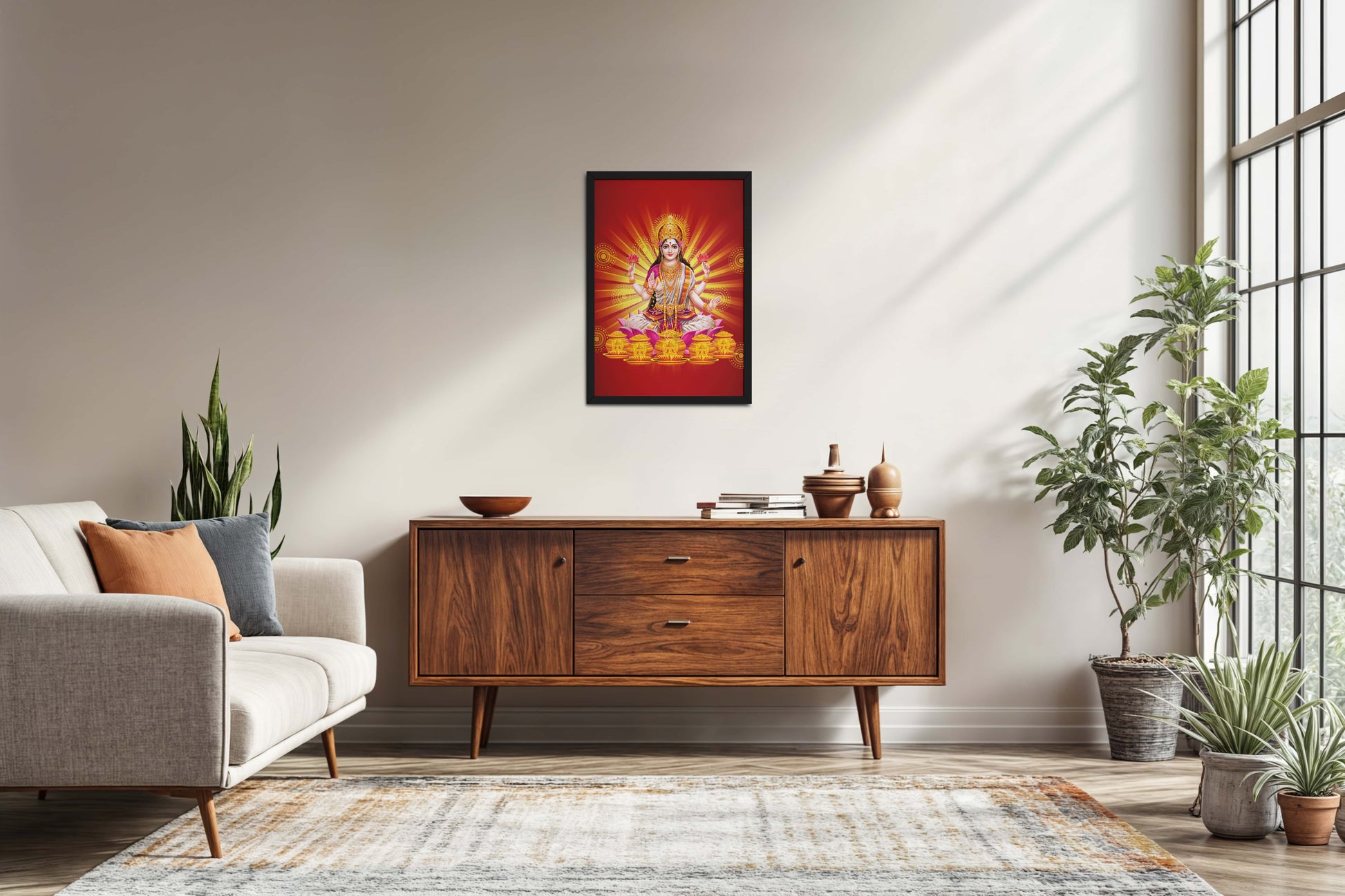 Living Room Sofa Preview of Divine Lakshmi – Symbol of Wealth & Prosperity Wall Frame in Black Color Frame