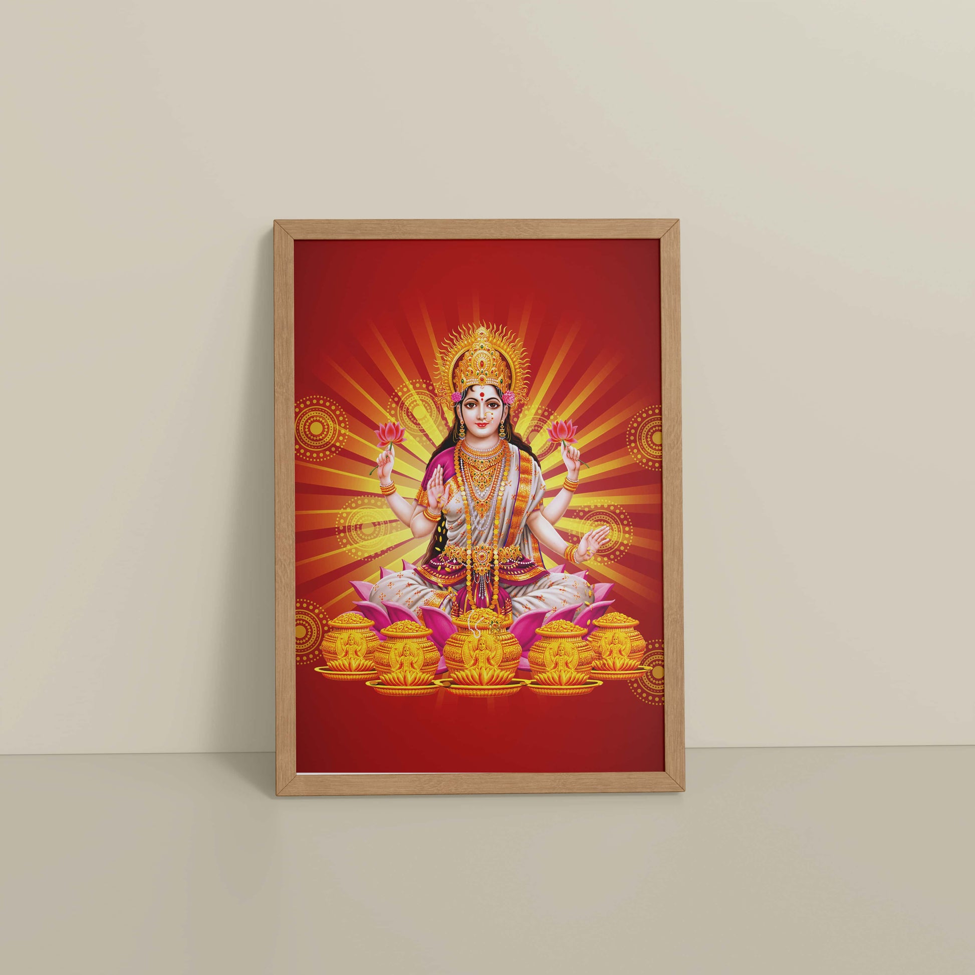 Floor View of Divine Lakshmi – Symbol of Wealth & Prosperity Wall Frame in Natrual Color Frame