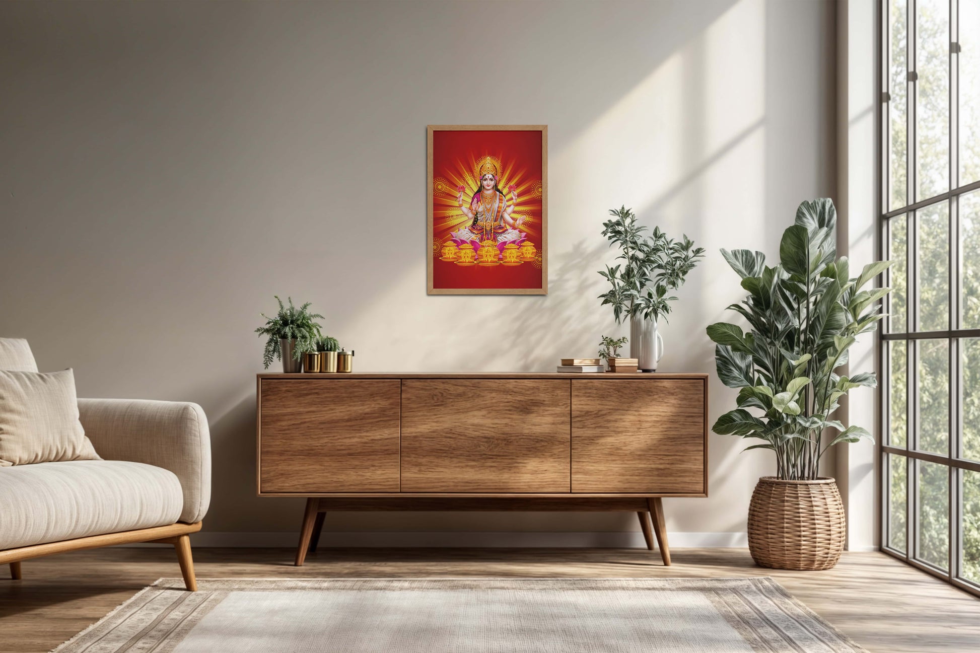Living Room Cabinet Preview of Divine Lakshmi – Symbol of Wealth & Prosperity Wall Frame in Natrual Color Frame