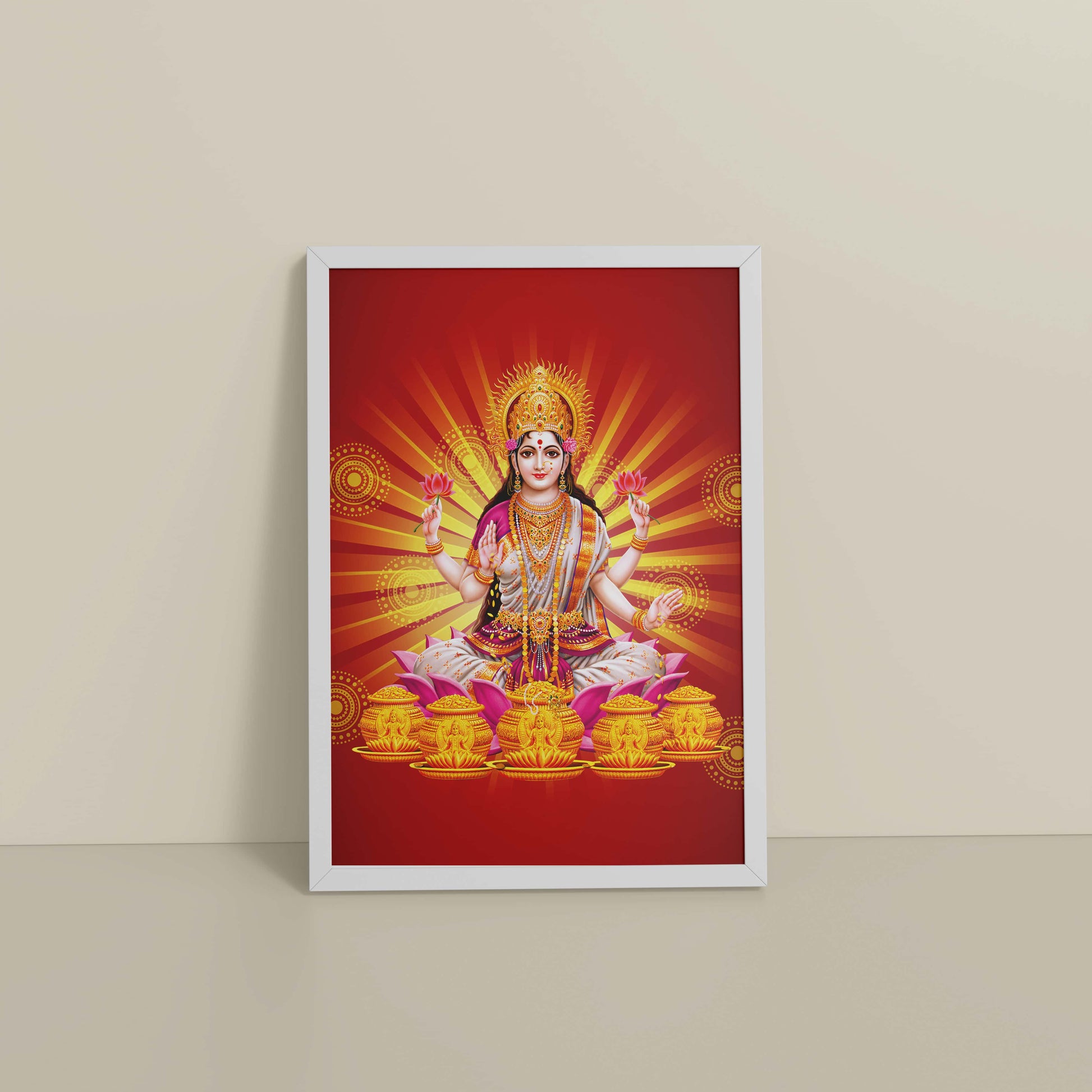 Floor View of Divine Lakshmi – Symbol of Wealth & Prosperity Wall Frame in White Color Frame