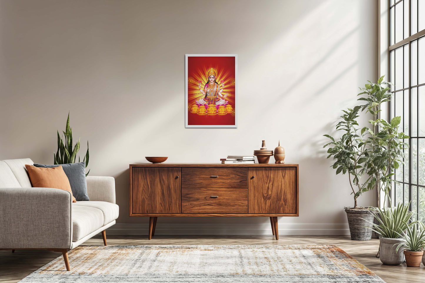 Living Room Sofa Preview of Divine Lakshmi – Symbol of Wealth & Prosperity Wall Frame in White Color Frame