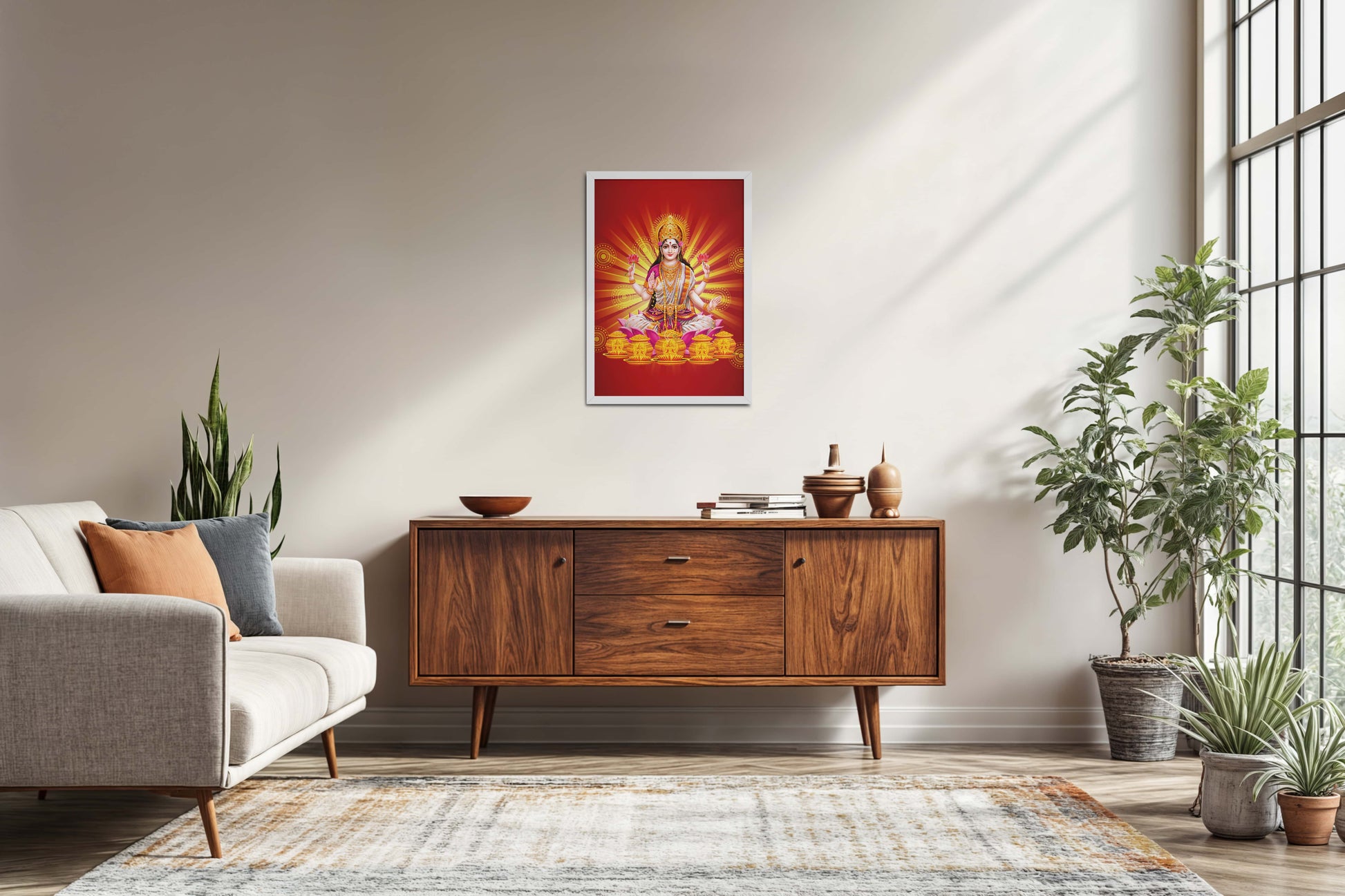 Living Room Sofa Preview of Divine Lakshmi – Symbol of Wealth & Prosperity Wall Frame in White Color Frame