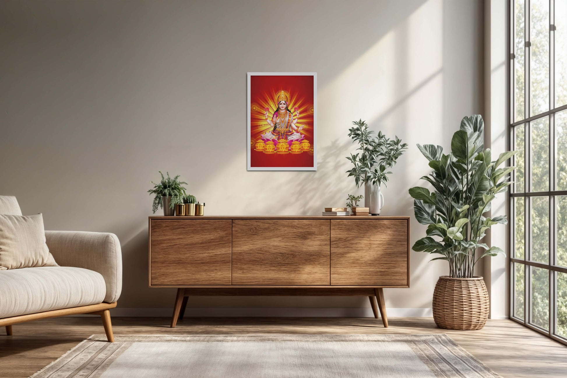 Living Room Cabinet Preview of Divine Lakshmi – Symbol of Wealth & Prosperity Wall Frame in White Color Frame