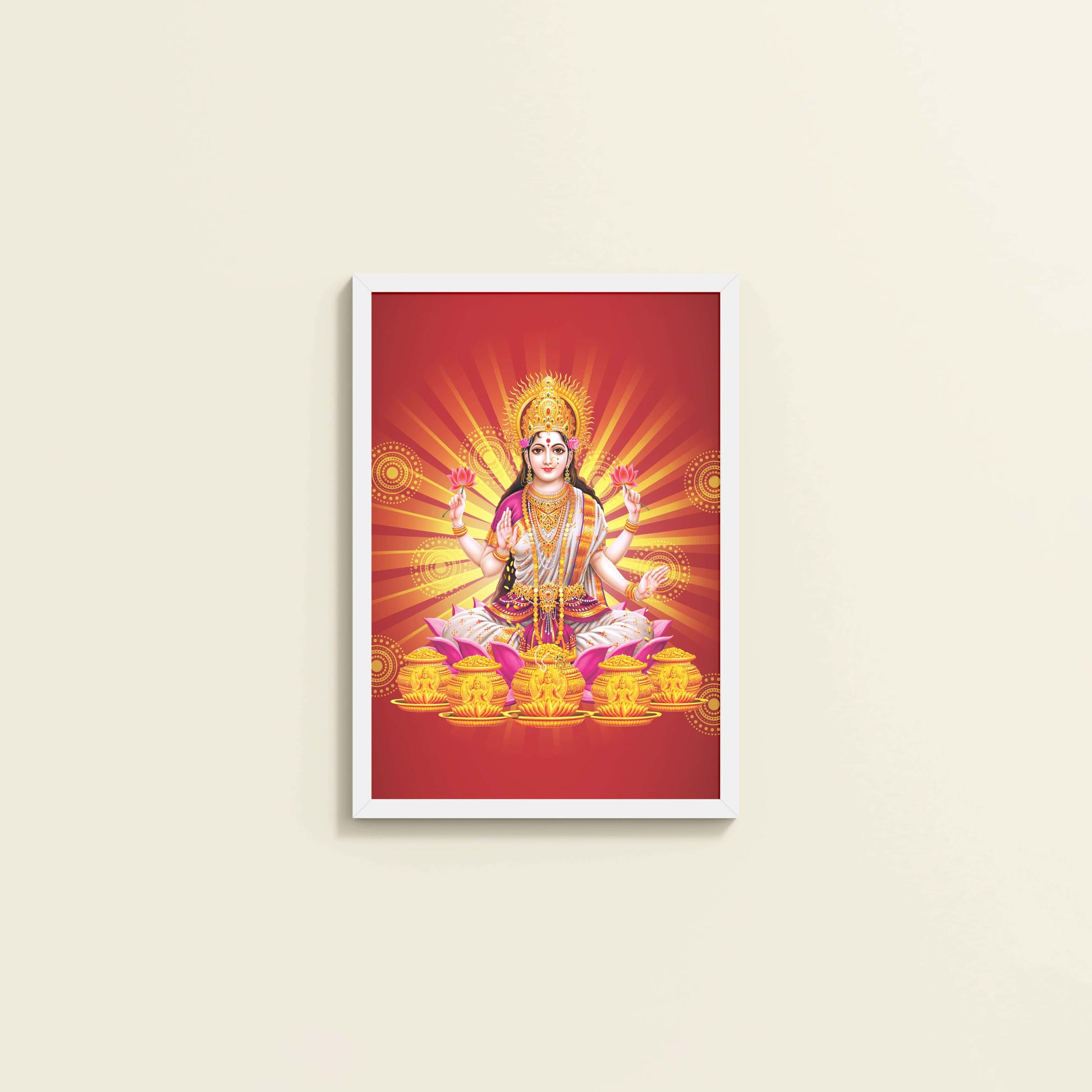 Wall View of Divine Lakshmi – Symbol of Wealth & Prosperity Wall Frame in White Color Frame