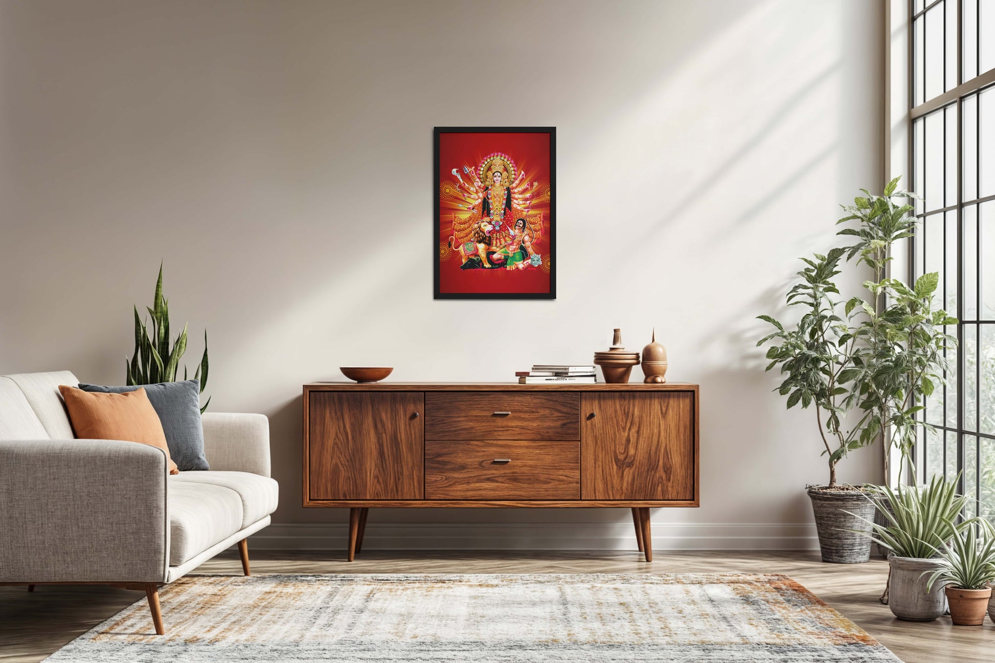 Living Room Sofa Preview of Maa Durga – Symbol of Power & Protection Wall Art in Black Color Frame