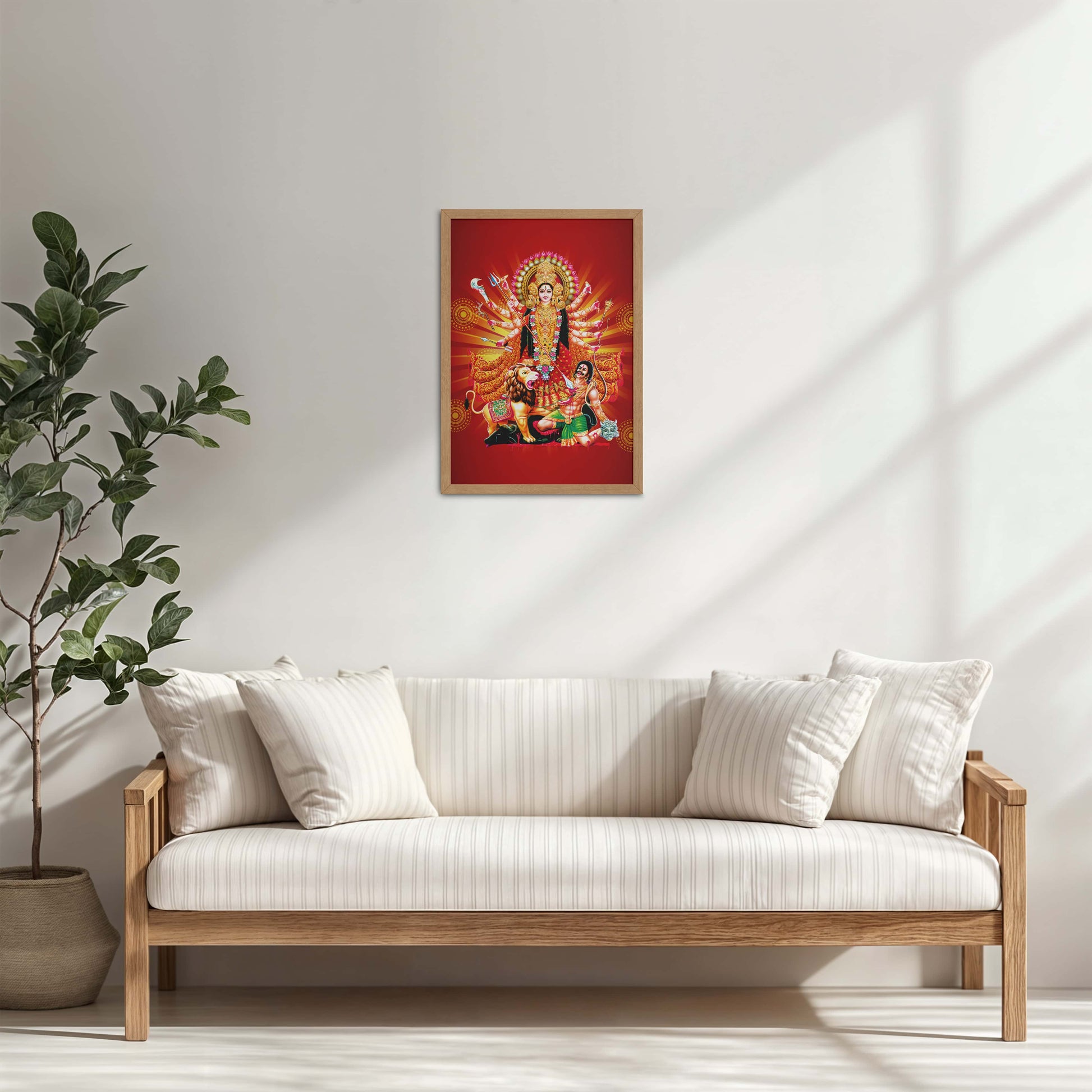 Living Room Cabinet Table Preview of Maa Durga – Symbol of Power & Protection Wall Art in Natrual Color Frame