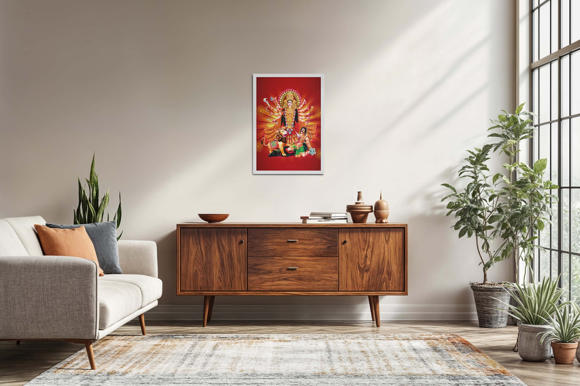 Living Room Sofa Preview of Maa Durga – Symbol of Power & Protection Wall Art in White Color Frame