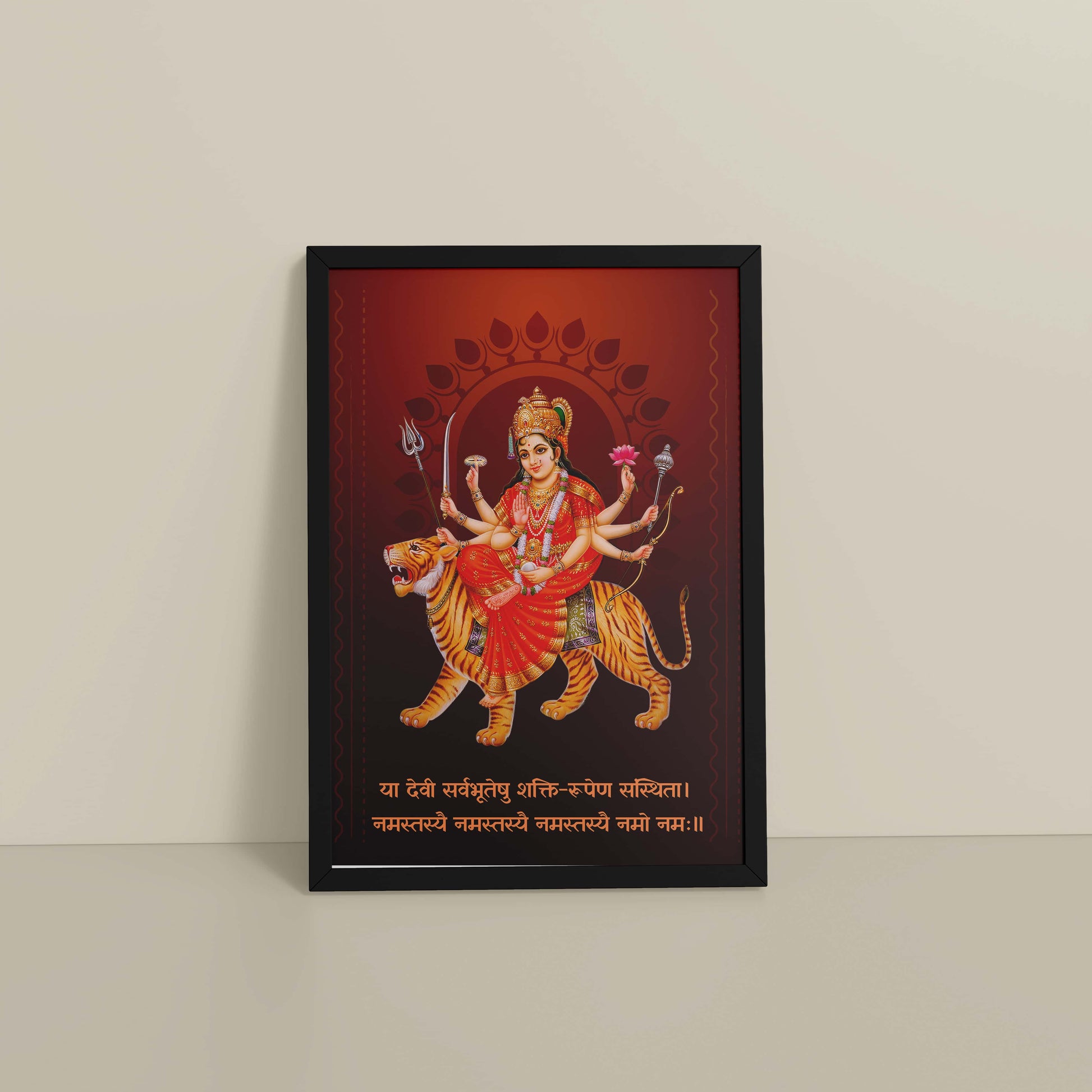 Floor View of Shakti Amba – Sacred Wall Art for Protection & Power in Black Color Frame