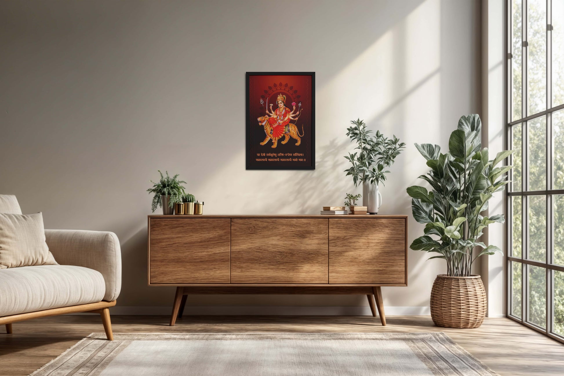 Living Room Cabinet Preview of Shakti Amba – Sacred Wall Art for Protection & Power in Black Color Frame