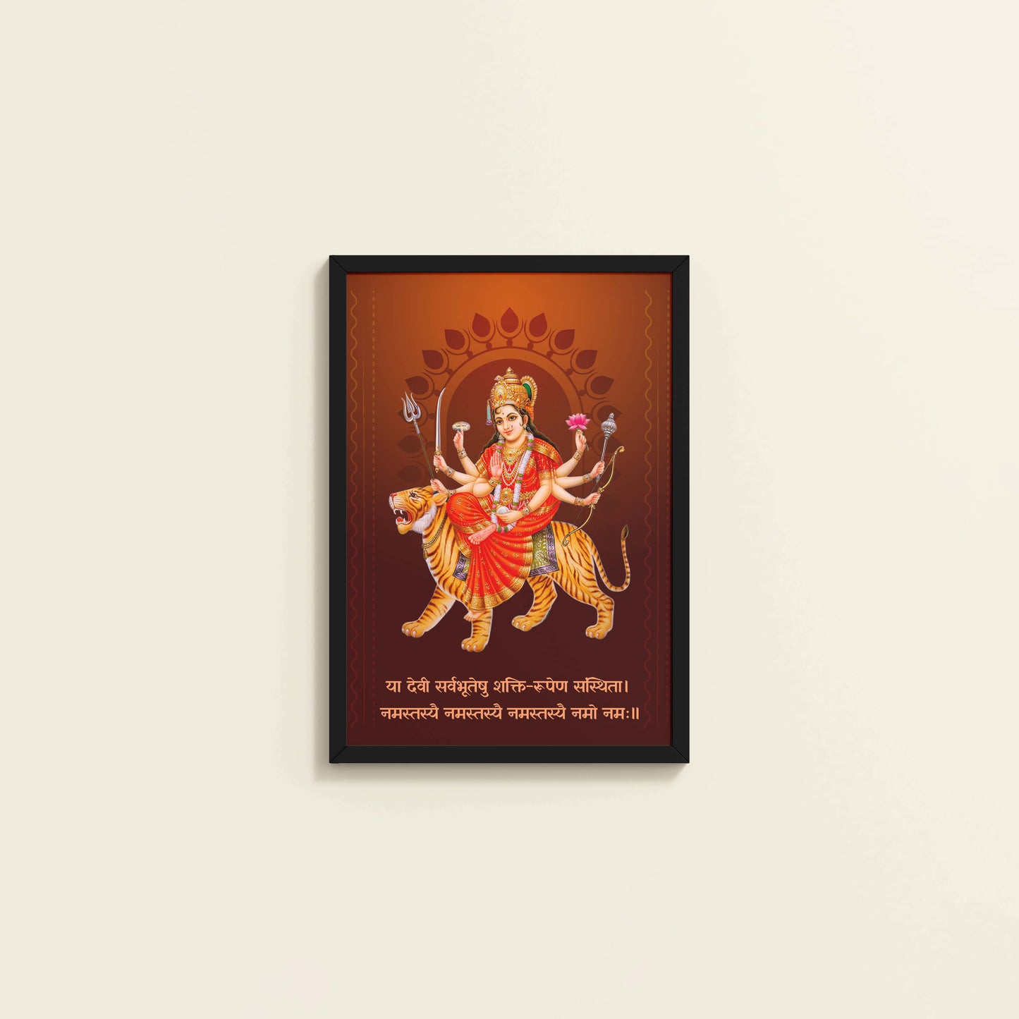 Wall View of Shakti Amba – Sacred Wall Art for Protection & Power in Black Color Frame