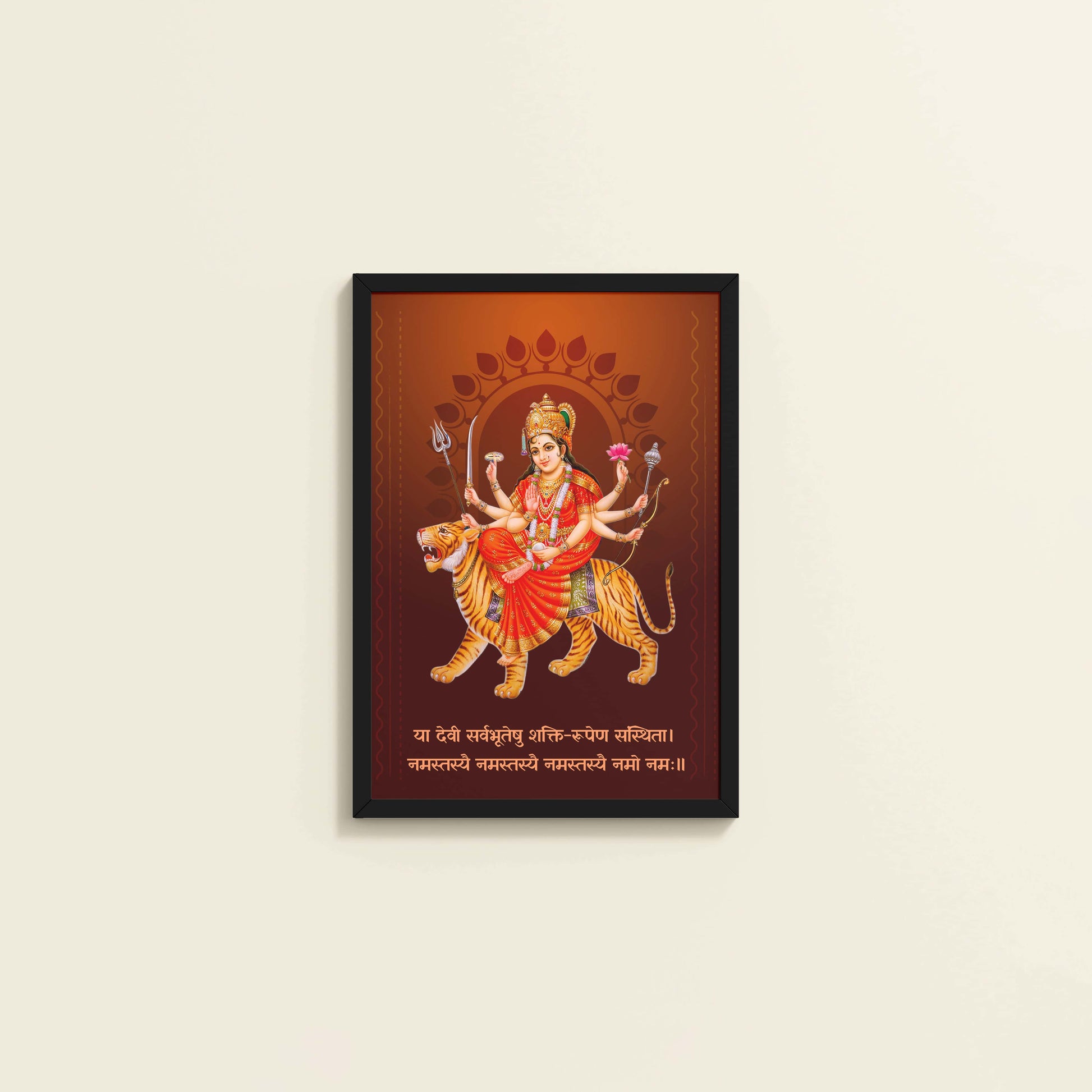 Wall View of Shakti Amba – Sacred Wall Art for Protection & Power in Black Color Frame