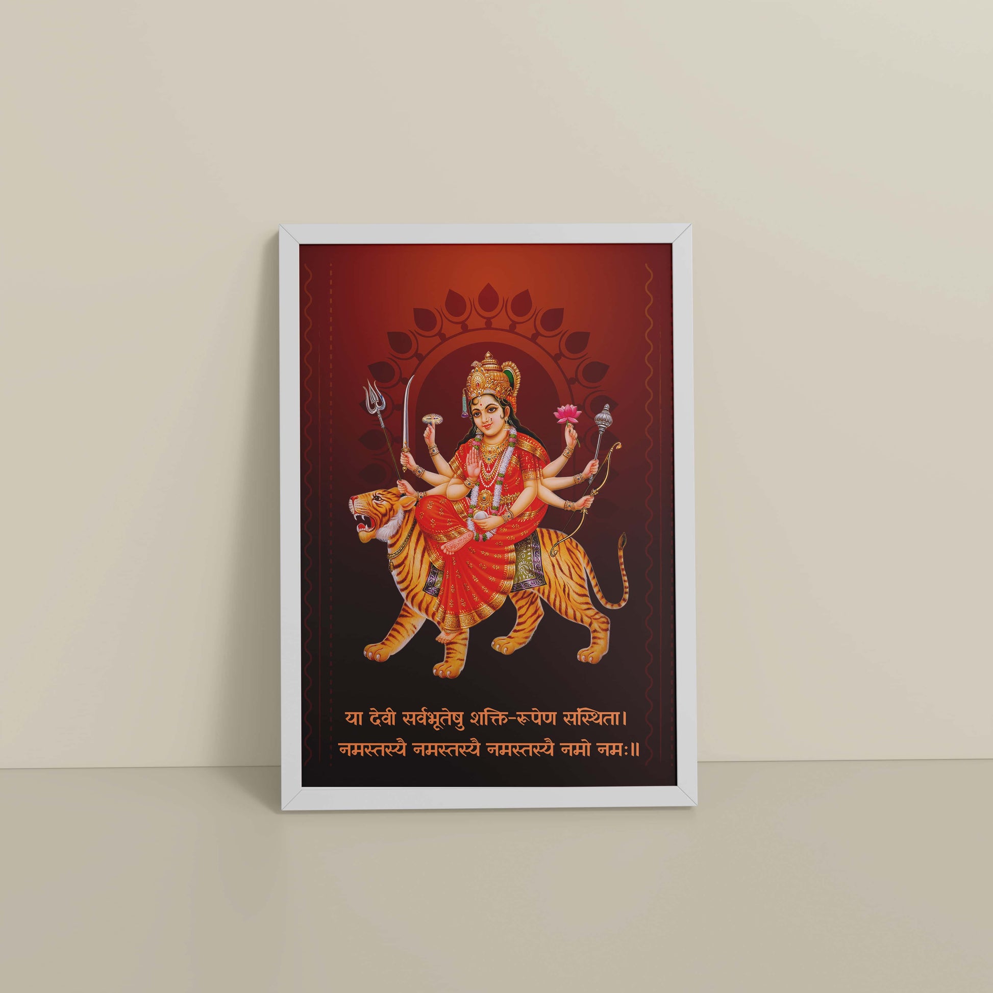 Floor View of Shakti Amba – Sacred Wall Art for Protection & Power in White Color Frame