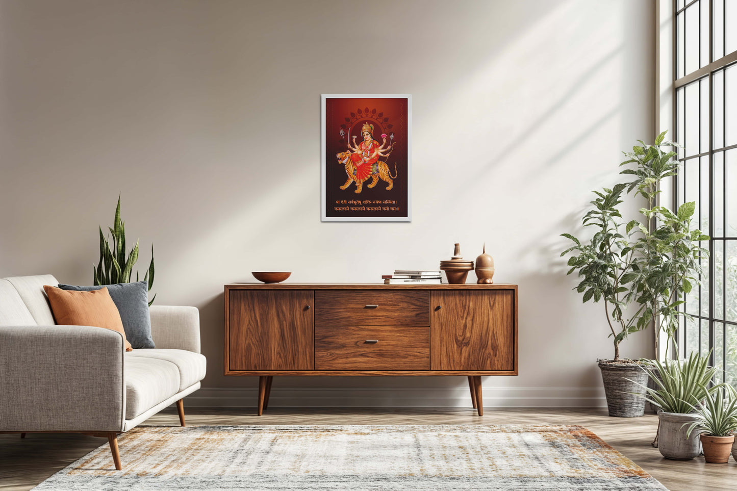 Living Room Sofa Preview of Shakti Amba – Sacred Wall Art for Protection & Power in White Color Frame