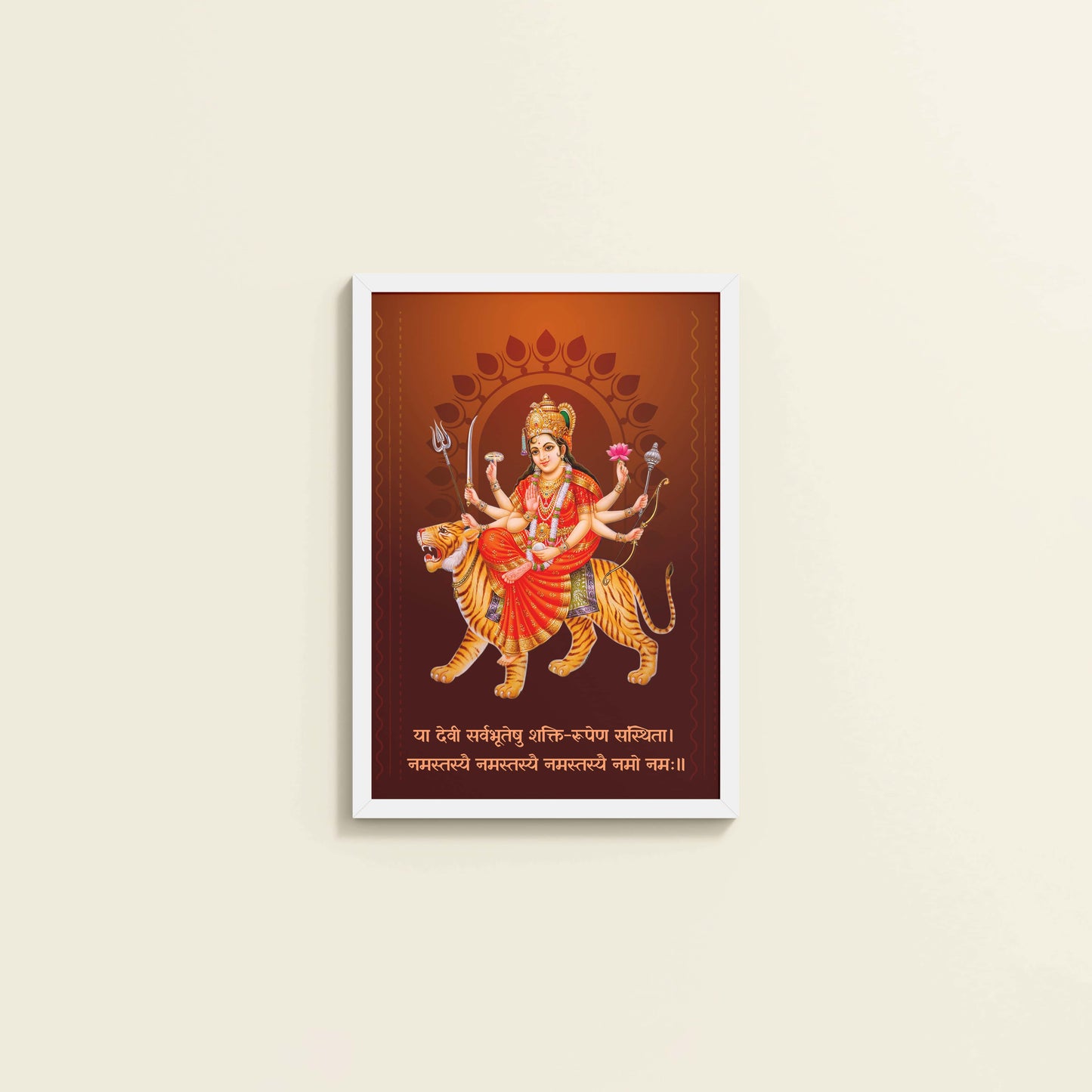 Wall View of Shakti Amba – Sacred Wall Art for Protection & Power in White Color Frame