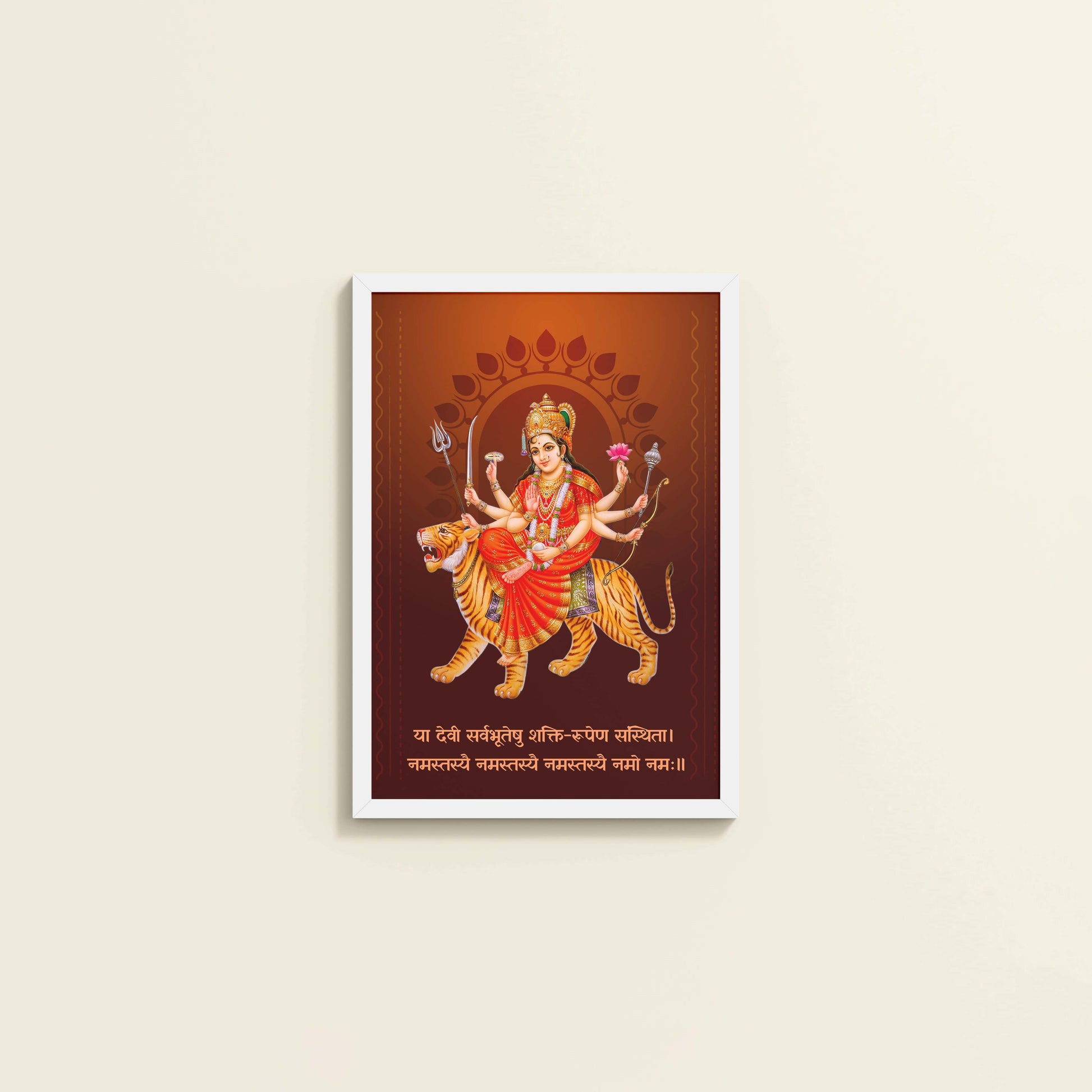 Wall View of Shakti Amba – Sacred Wall Art for Protection & Power in White Color Frame
