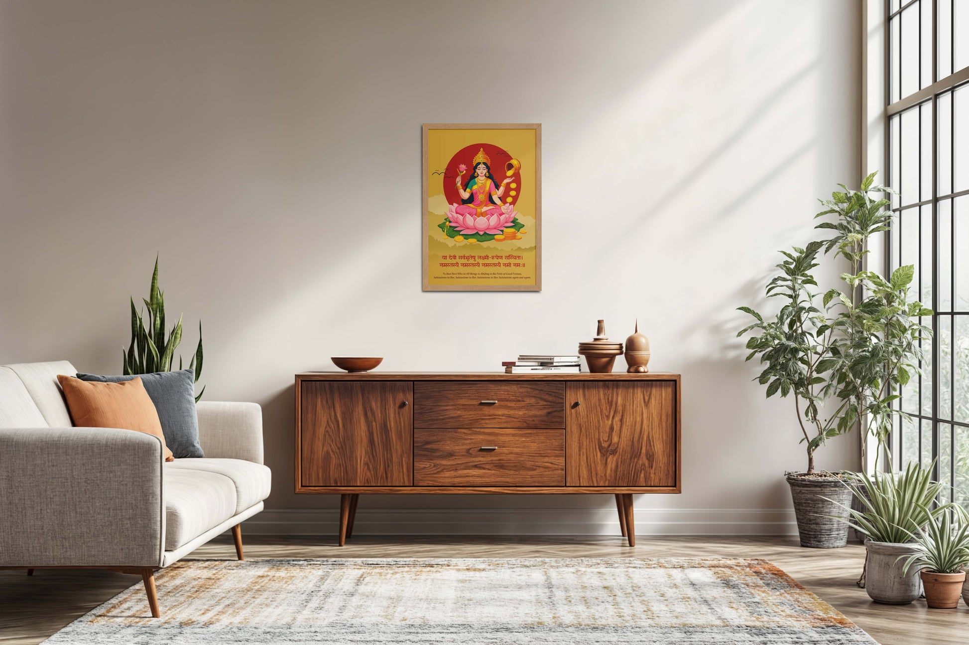 Living Room Sofa Preview of Hare Krishna Vibes – Bal Krishna Spiritual Wall Art & Decor in Natrual Color Frame