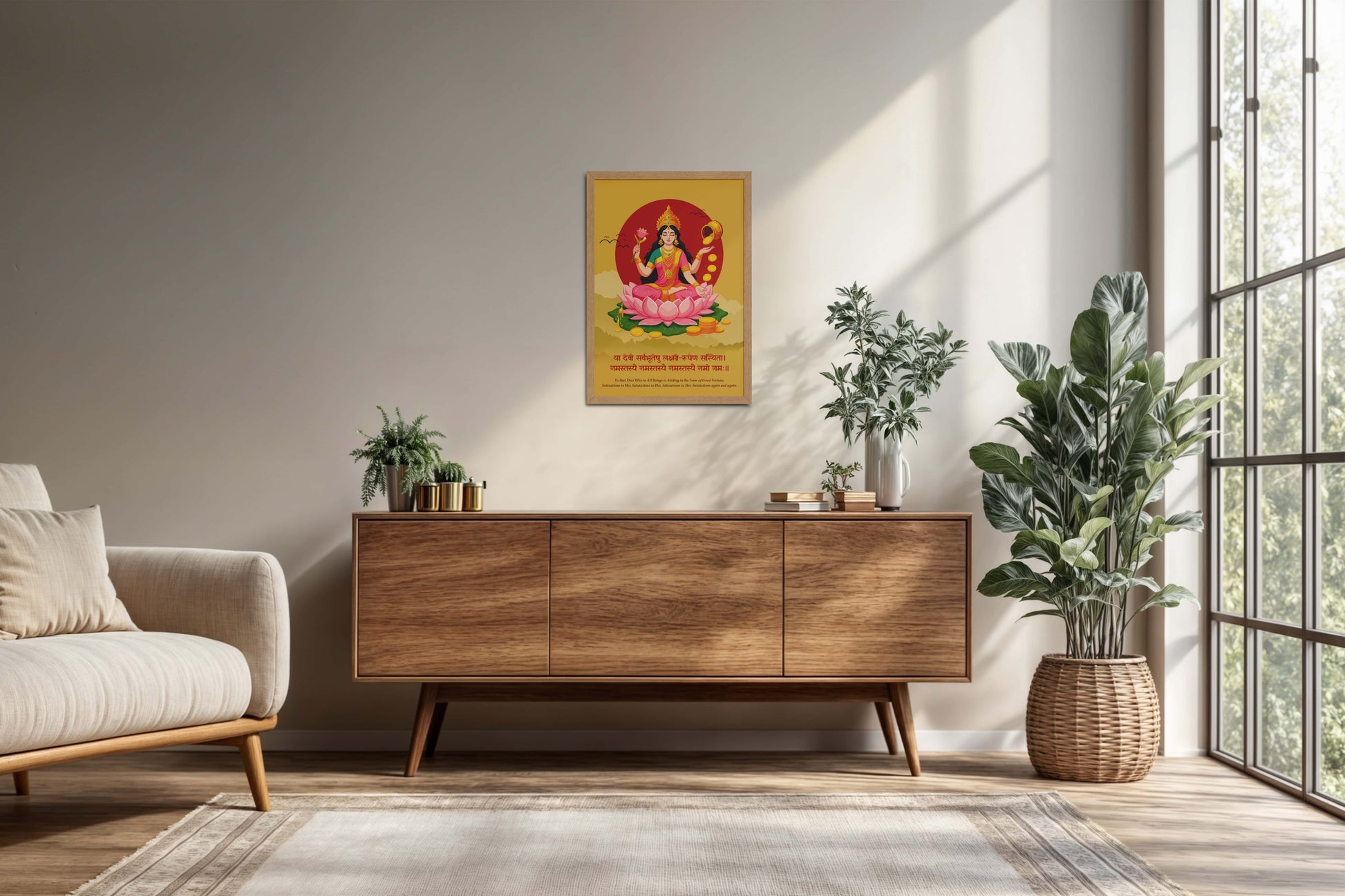 Living Room Cabinet Preview of Hare Krishna Vibes – Bal Krishna Spiritual Wall Art & Decor in Natrual Color Frame