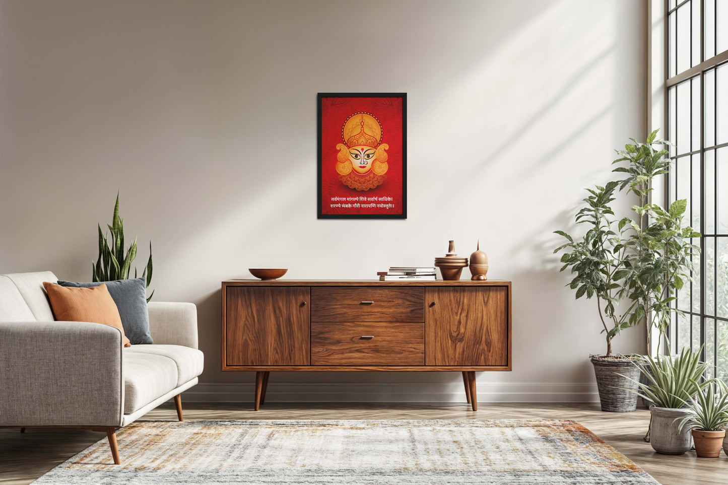 Living Room Sofa Preview of Hare Krishna Vibes – Bal Krishna Spiritual Wall Art & Decor in Black Color Frame