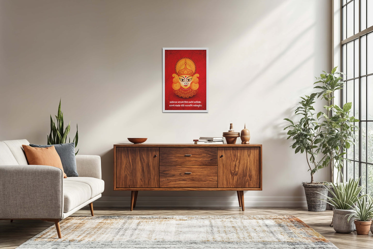 Living Room Sofa Preview of Hare Krishna Vibes – Bal Krishna Spiritual Wall Art & Decor in White Color Frame