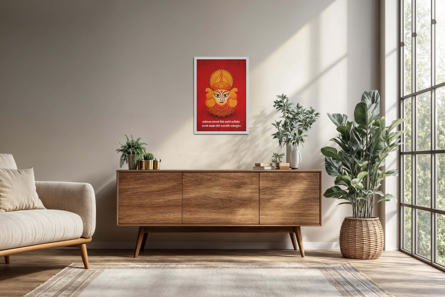 Living Room Cabinet Preview of Hare Krishna Vibes – Bal Krishna Spiritual Wall Art & Decor in White Color Frame