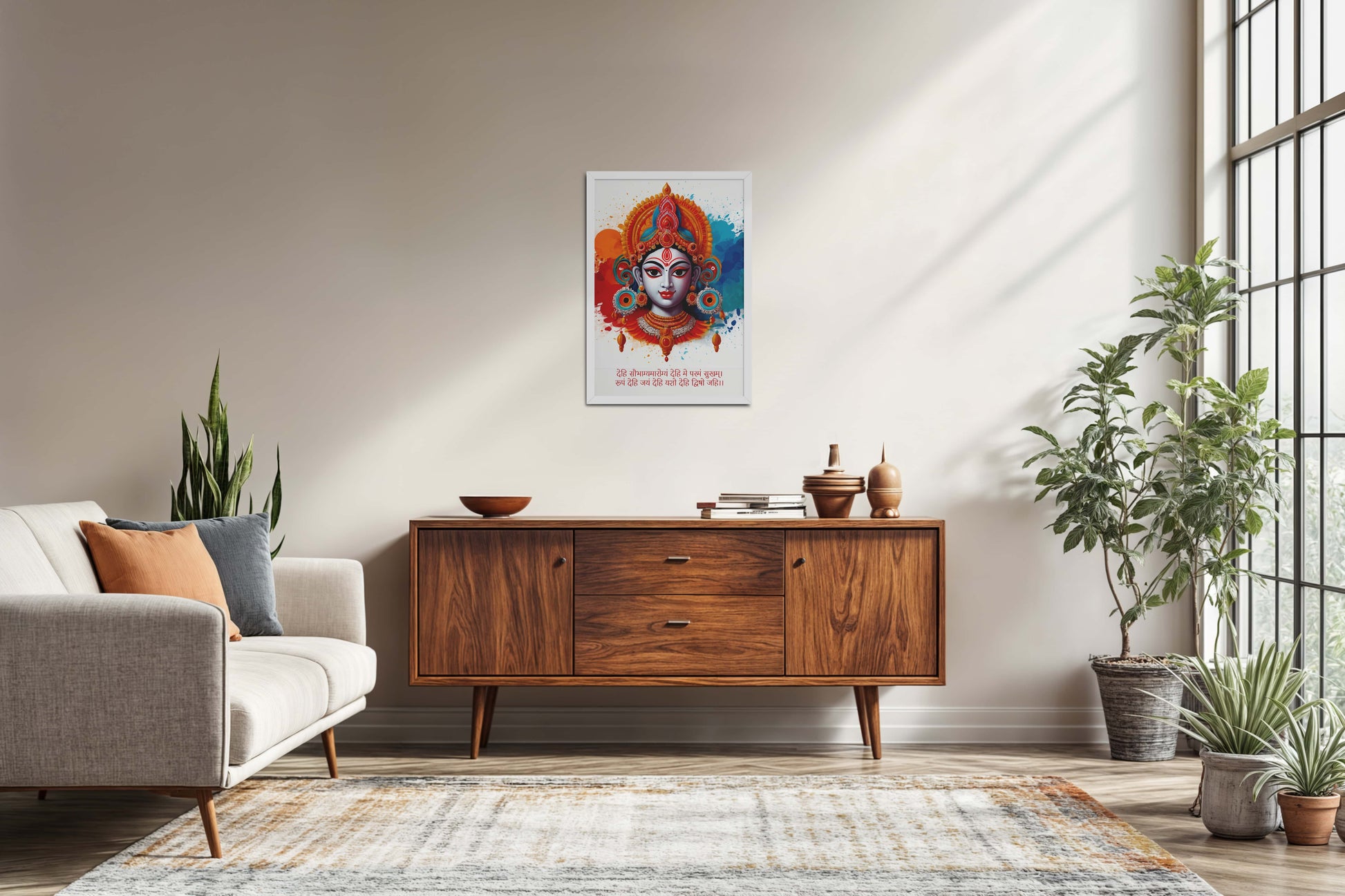 Living Room Sofa Preview of Sacred Prosperity – Mahalakshmi Mantra Wall Frame in White Color Frame