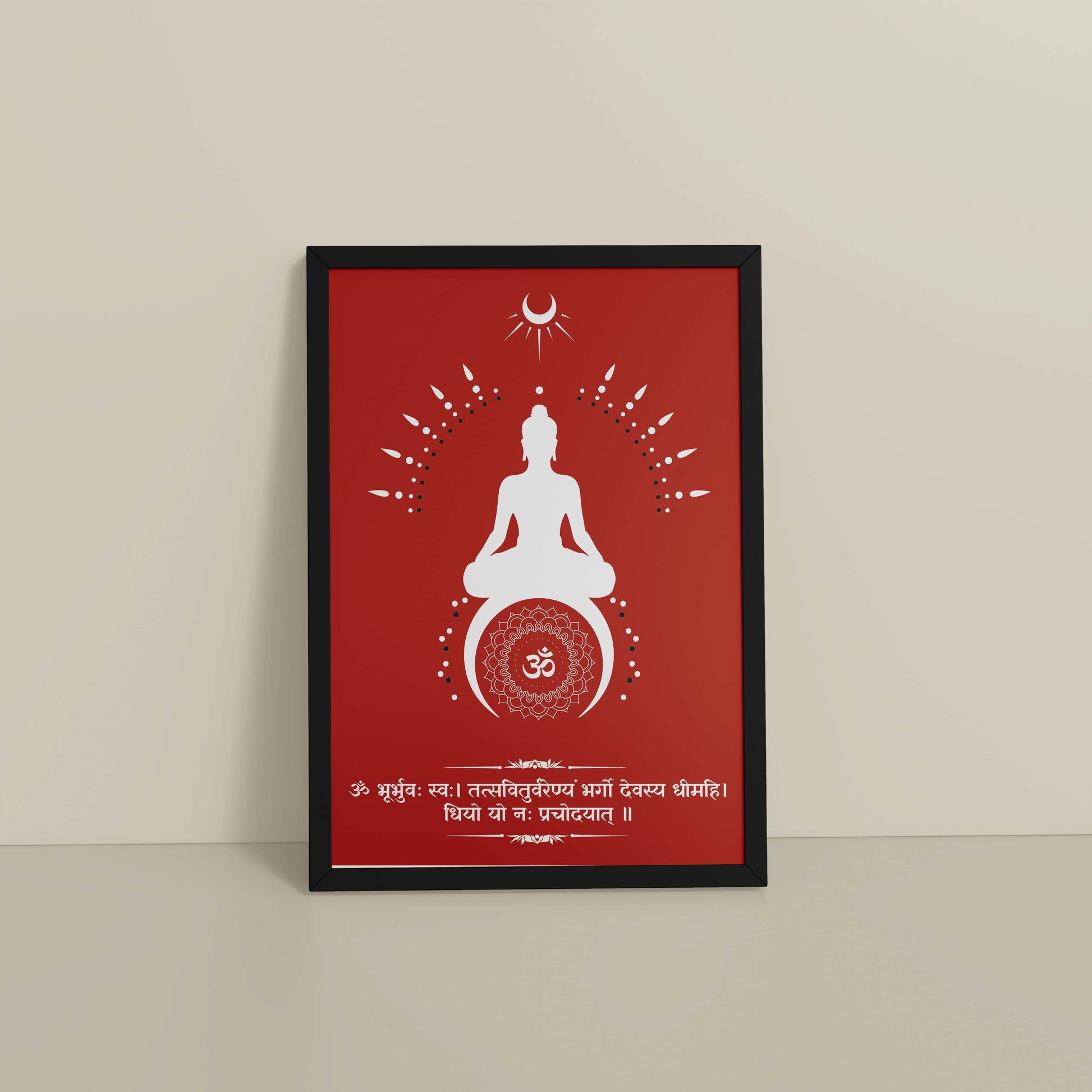 Floor View of Divine Chant – Gayatri Mantra Meditation Wall Art & Frame in Black Color Frame