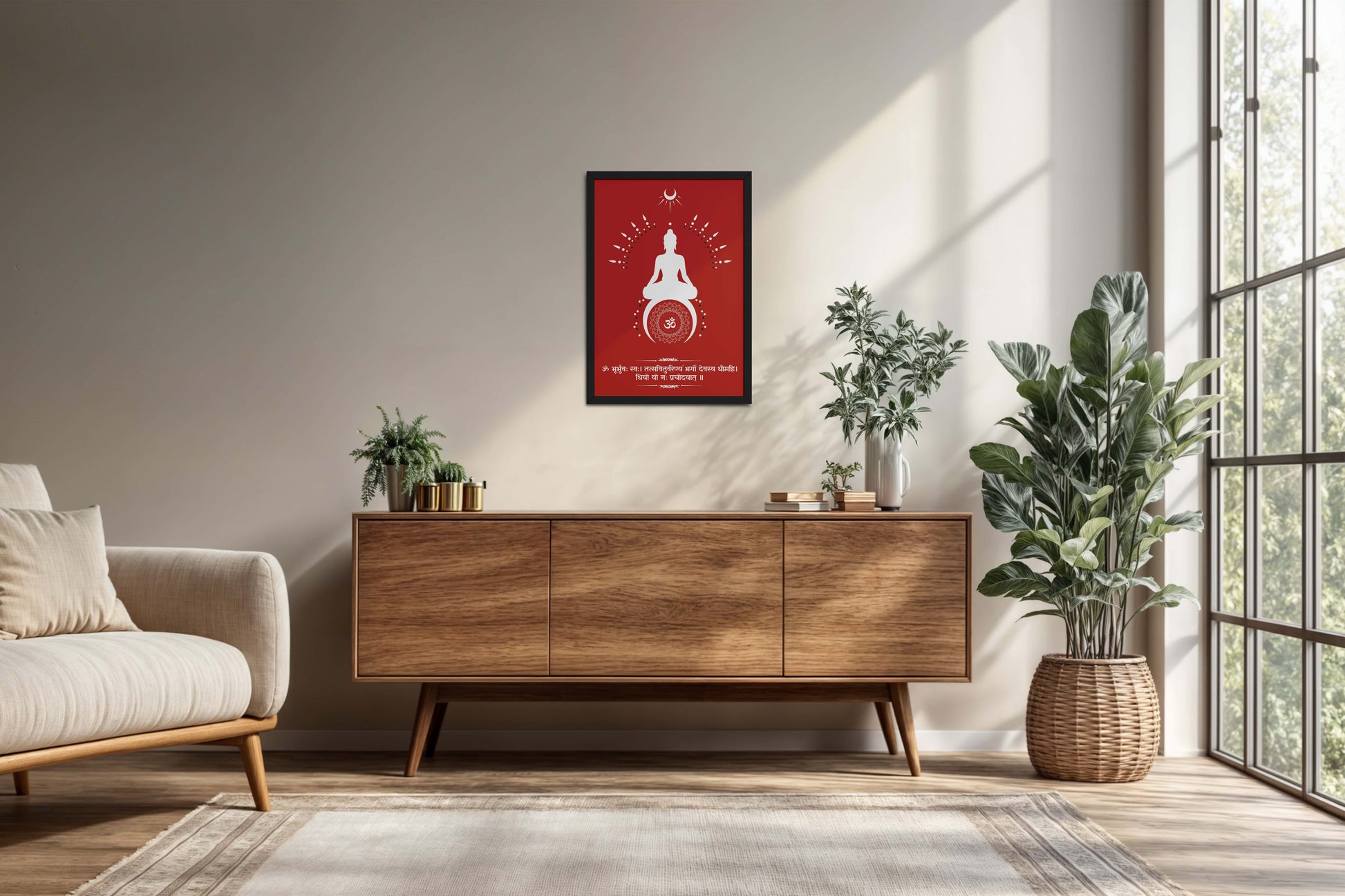 Living Room Cabinet Preview of Divine Chant – Gayatri Mantra Meditation Wall Art & Frame in Black Color Frame