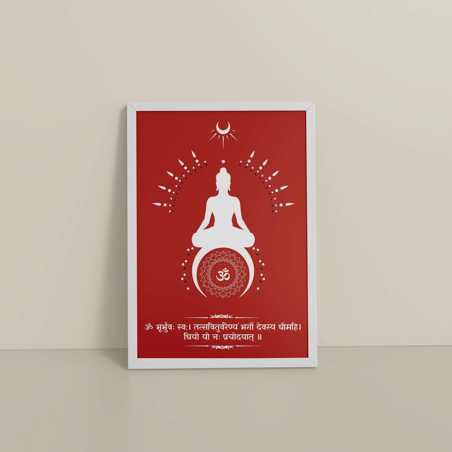 Floor View of Divine Chant – Gayatri Mantra Meditation Wall Art & Frame in White Color Frame