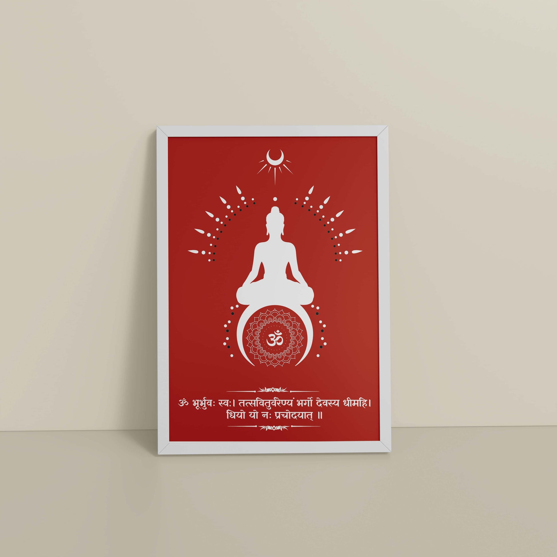 Floor View of Divine Chant – Gayatri Mantra Meditation Wall Art & Frame in White Color Frame