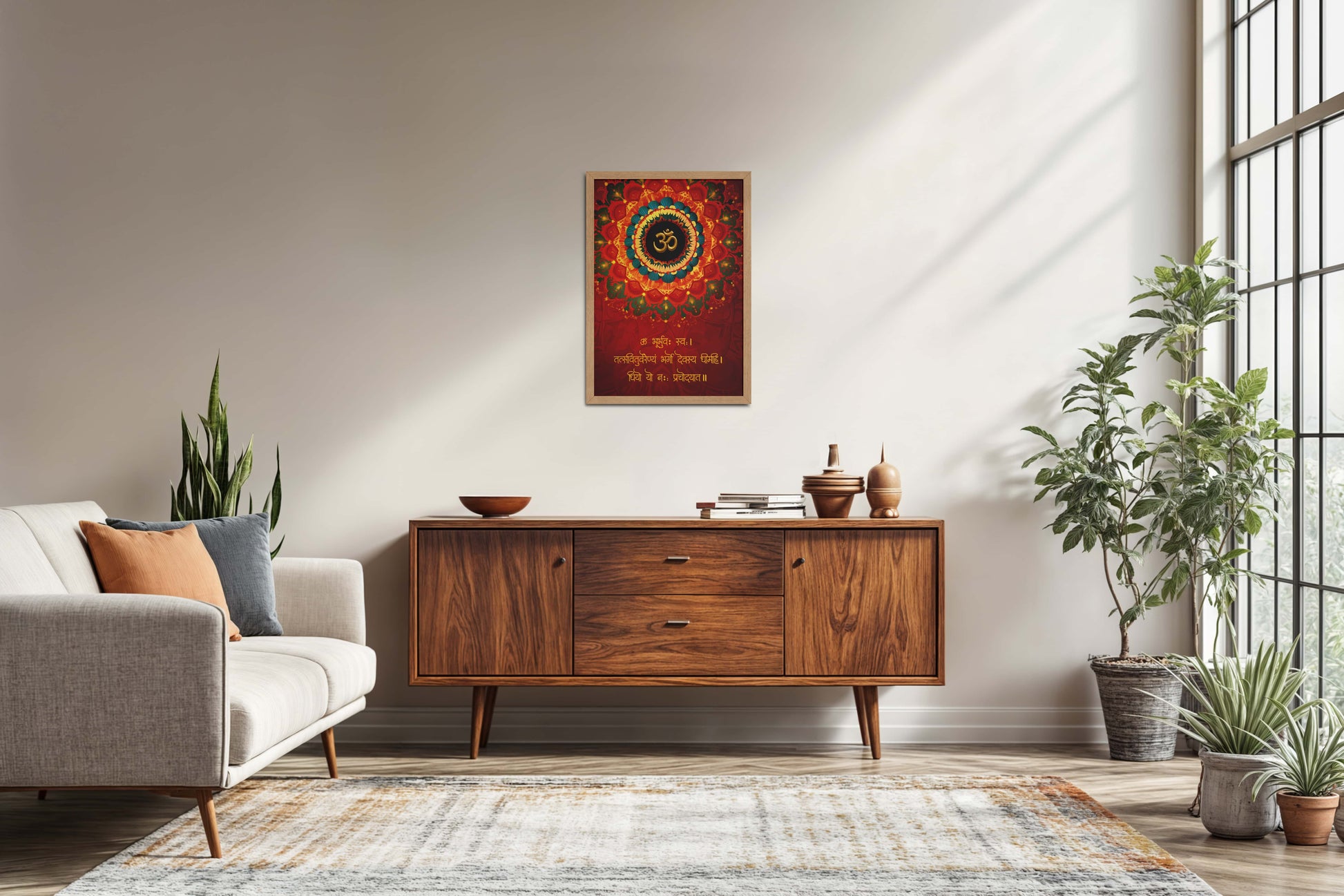 Living Room Sofa Preview of Sacred Chant – Eternal Gayatri Mantra with Om Wall Art in Natrual Color Frame