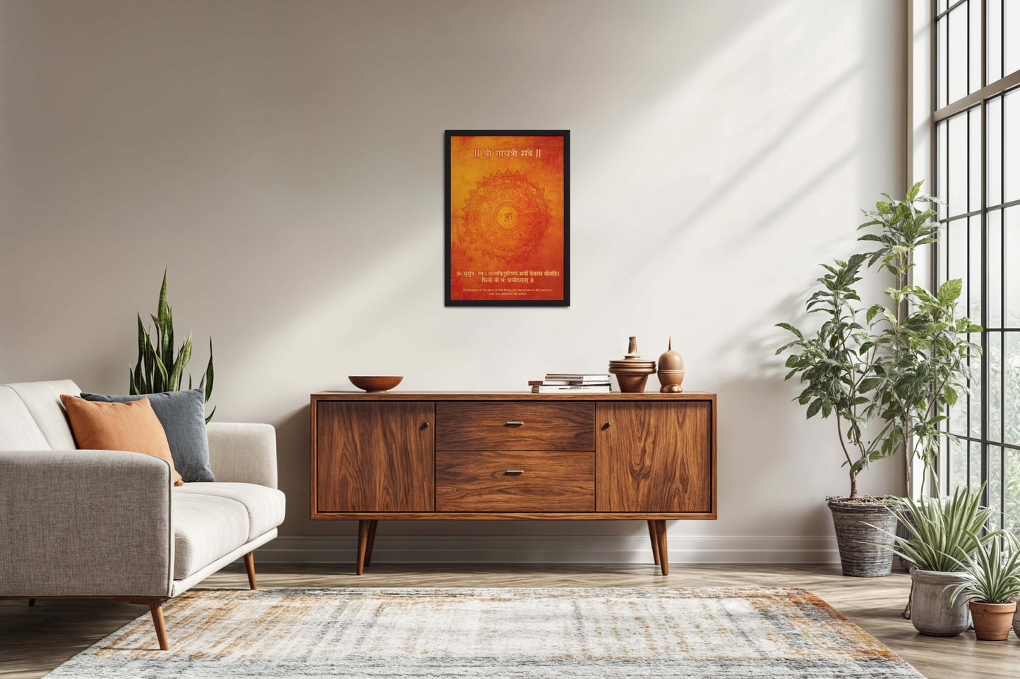 Living Room Sofa Preview of Om Shanti – Gayatri Mantra Meditation Wall Frame in Black Color Frame