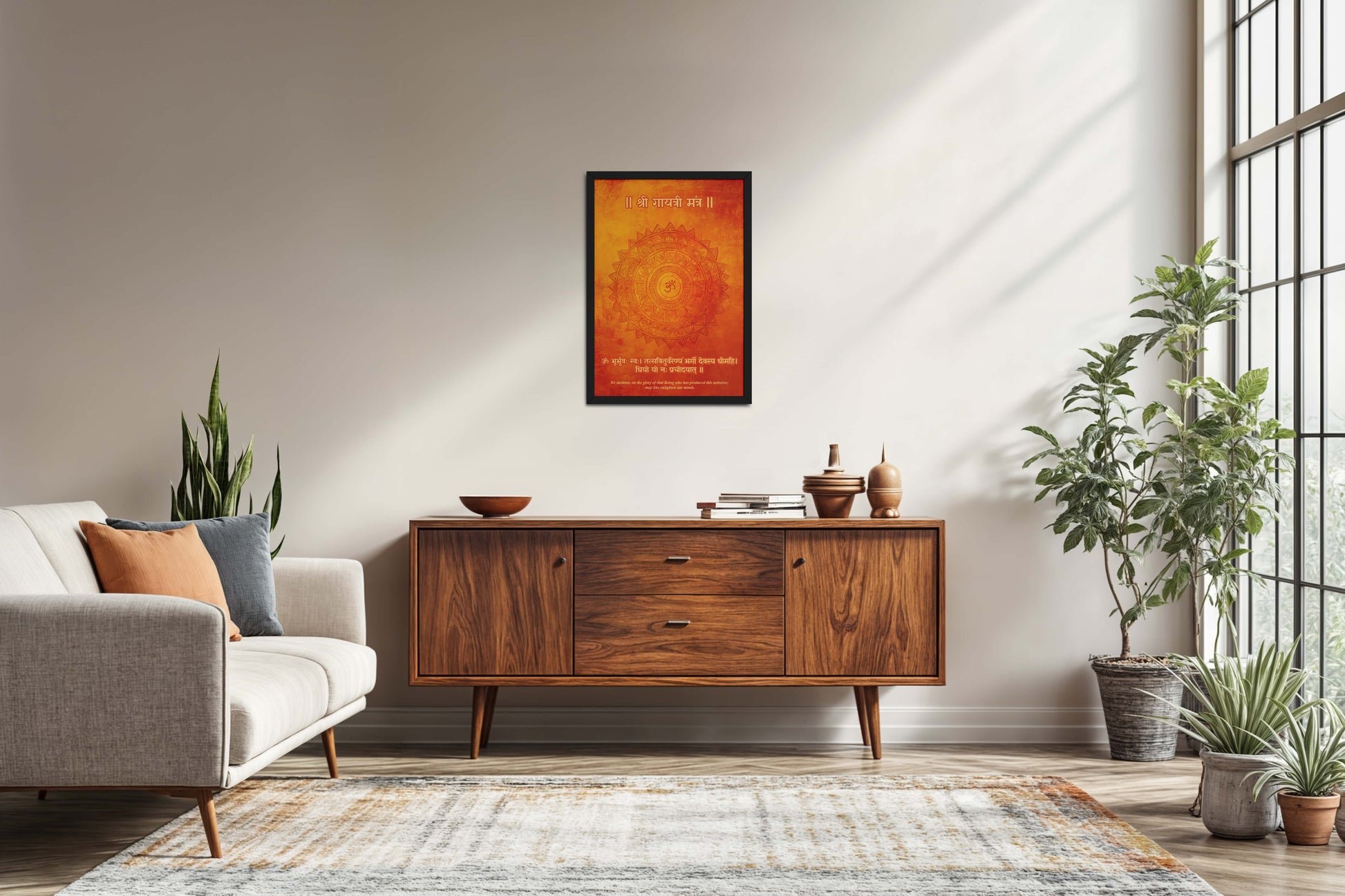 Living Room Sofa Preview of Om Shanti – Gayatri Mantra Meditation Wall Frame in Black Color Frame