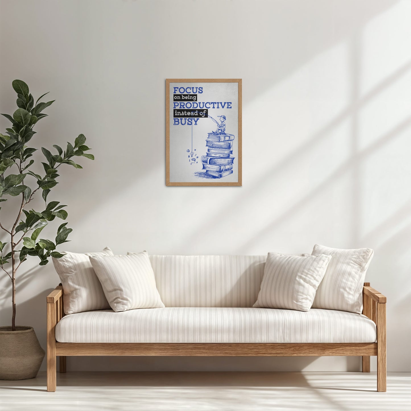 Living Room Cabinet Table Preview of Productivity Over Busy – Motivational Wall Art in Natrual Color Frame