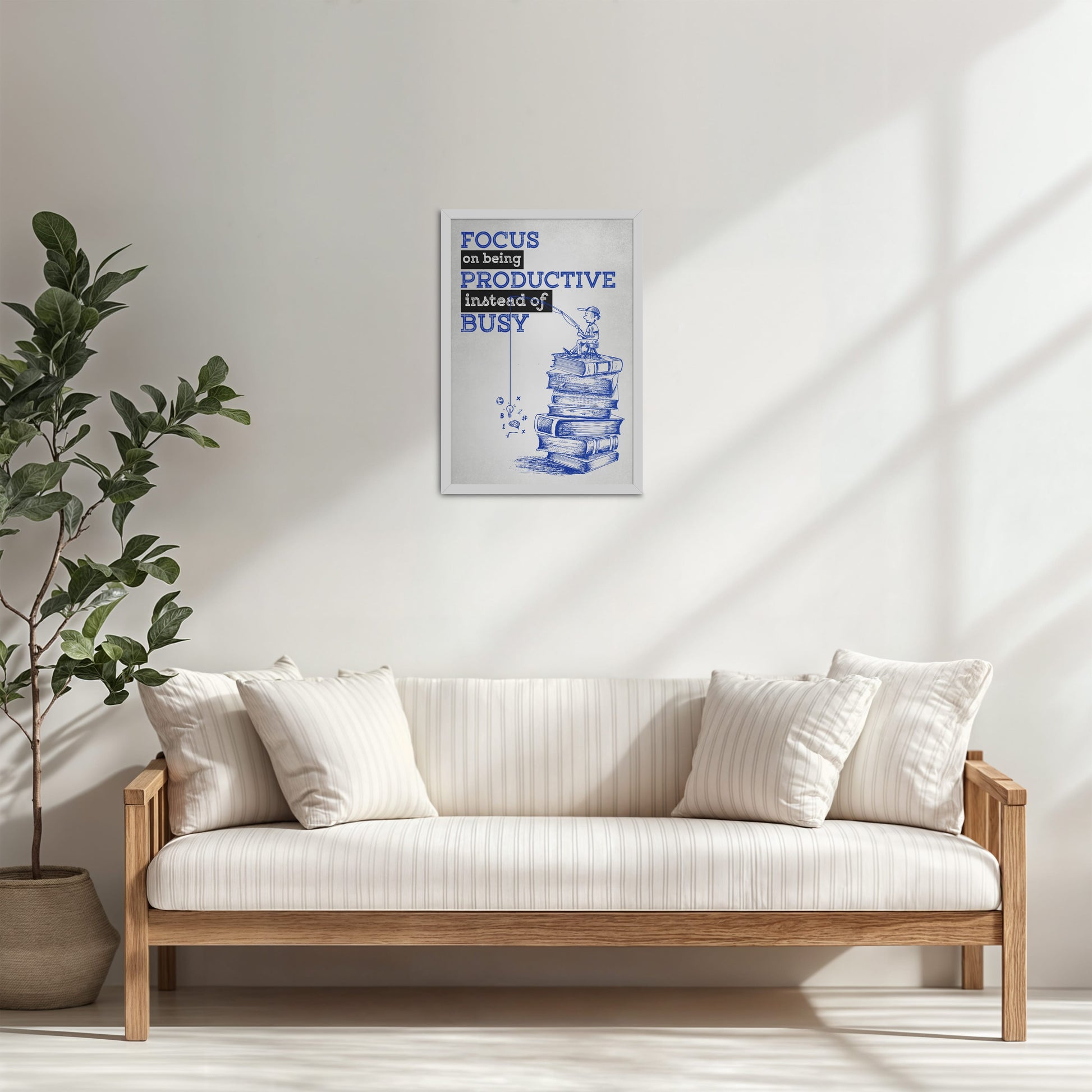 Living Room Cabinet Table Preview of Productivity Over Busy – Motivational Wall Art in White Color Frame