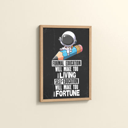 Side View of Self-Education is the Real Power – Motivational Learning Wall Art in Natrual Color Frame