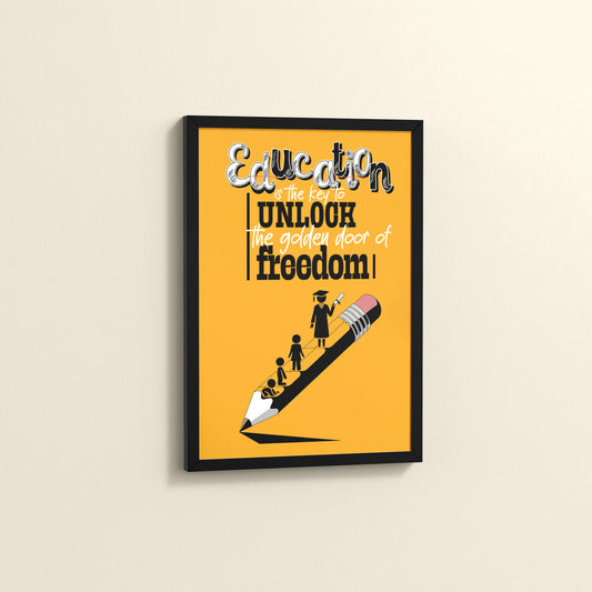 Side View of Golden Key of Freedom – Educational Motivational Wall Art in Black Color Frame