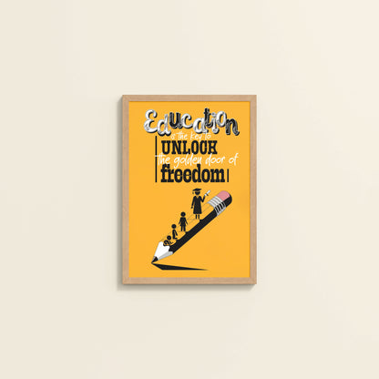 Wall View of Golden Key of Freedom – Educational Motivational Wall Art in Natrual Color Frame