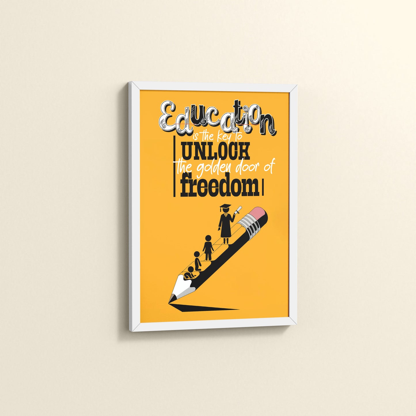 Side View of Golden Key of Freedom – Educational Motivational Wall Art in White Color Frame