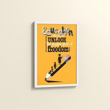 Side View of Golden Key of Freedom – Educational Motivational Wall Art in White Color Frame