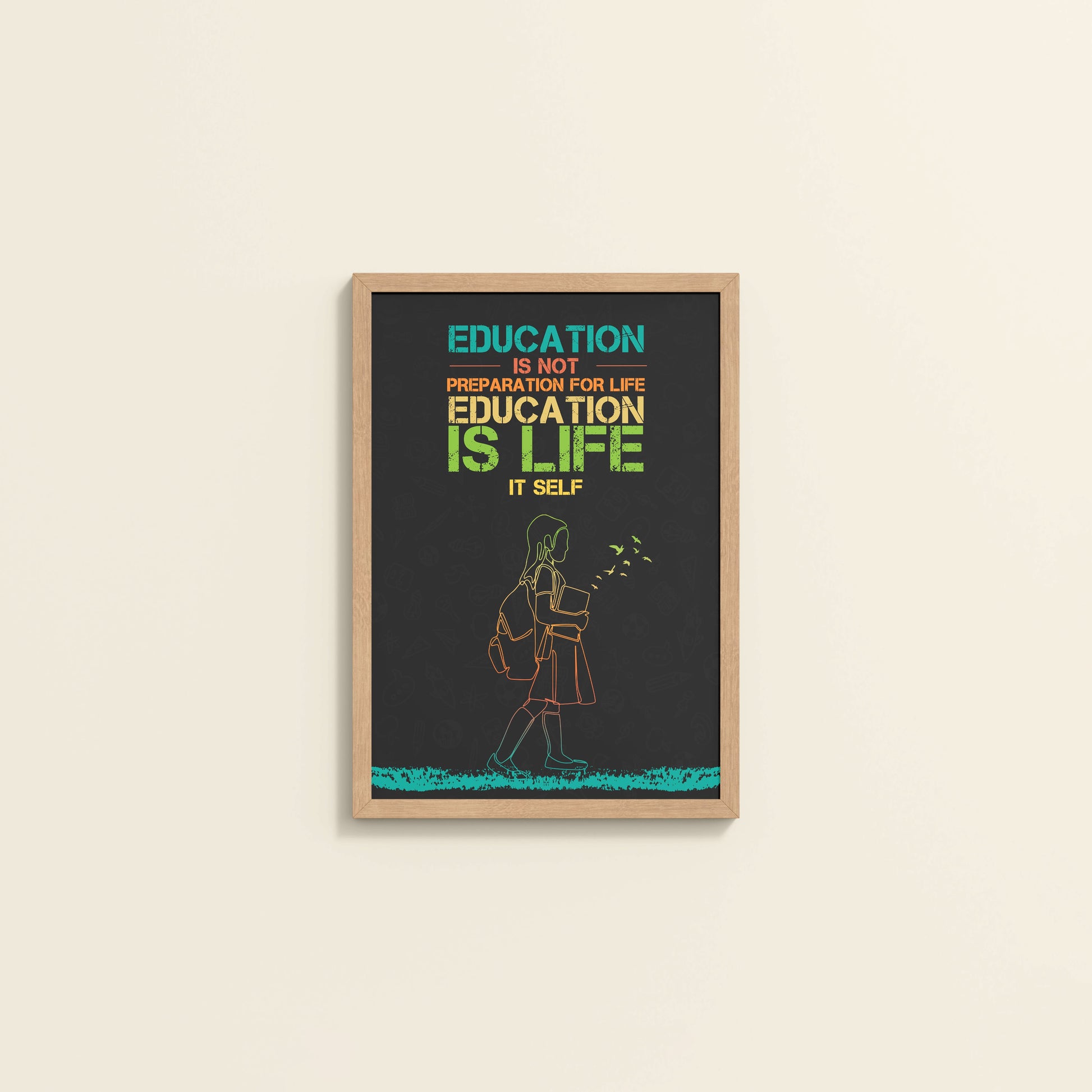 Wall View of Education Is Life – Inspirational Wall Art in Natrual Color Frame