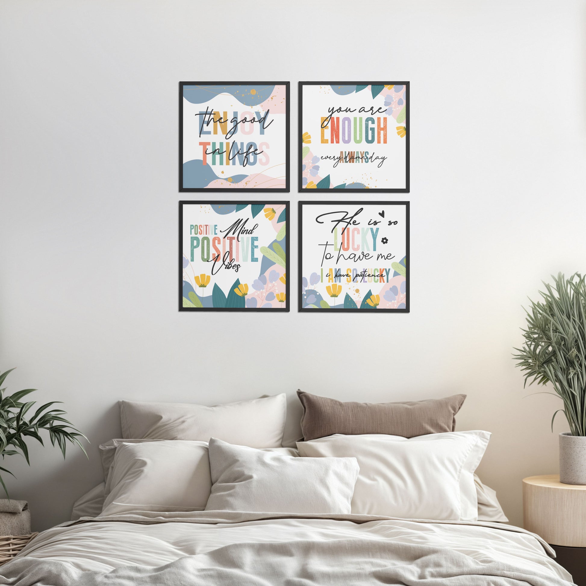 Bed Room Preview of Stay Grateful Positive Vibes Quote Frames Set of 4 in Black Color Frame
